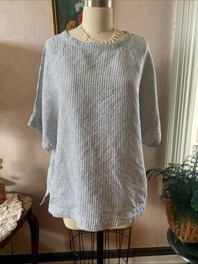 M&S Boxy Relaxed Striped Linen Blend Top - Blue/White Sz 16